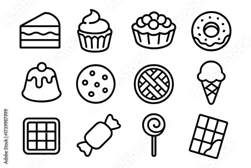 Simple line style icons of sweet desserts and bakery treats