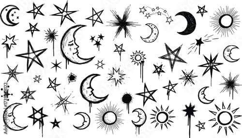Black and white celestial illustration with stars, crescent moons, suns, and mystical faces for astrology, design, and spiritual content