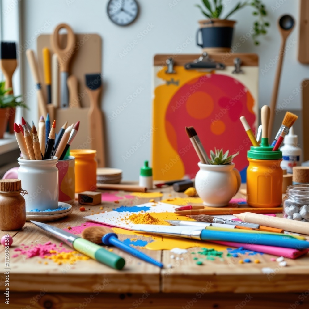 Naklejka premium Creative art and painting supplies on a wooden table in an art studio with colorful brushes, paints, and art tools for painting and crafting projects