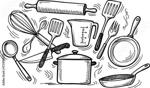 Black and white illustration of kitchen utensils and cookware with motion lines for cooking design, culinary education, and food content