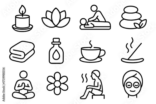 Relaxation and wellness icons: spa and meditation outlined symbols