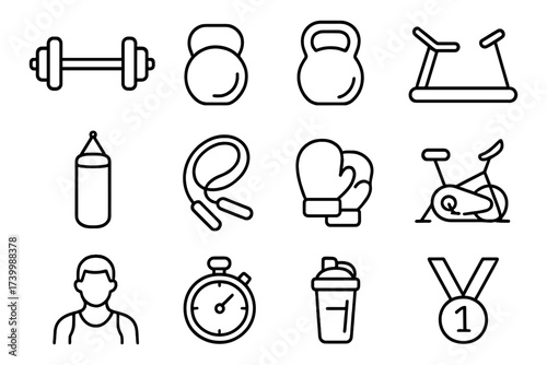 Fitness equipment icons in minimalist line style for gym and training projects