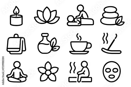 Spa wellness icons: relaxation, massage, aromatherapy in simplicity