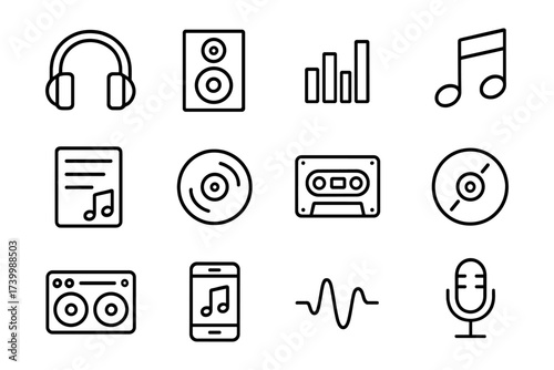 Music and audio icons set: line art style for digital media design