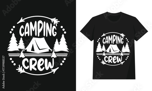 Camping Crew Outdoor Adventure Badge – Monochrome Tent and Pine Forest Silhouette Emblem