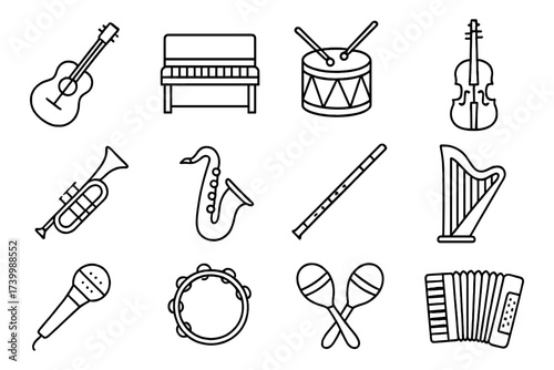 Linear music instruments set: guitars, drums, and more in black and white design