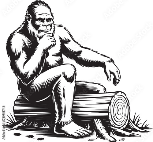 Bigfoot Sitting on Log Illustration in Black and White