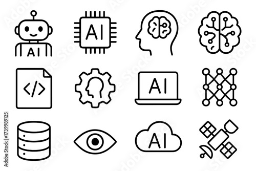 Linear ai icons: robotics, neural networks, and data science symbols