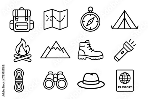 Camping essentials icons set: backpack, map, compass, tent, boots, flashlight, bonfire