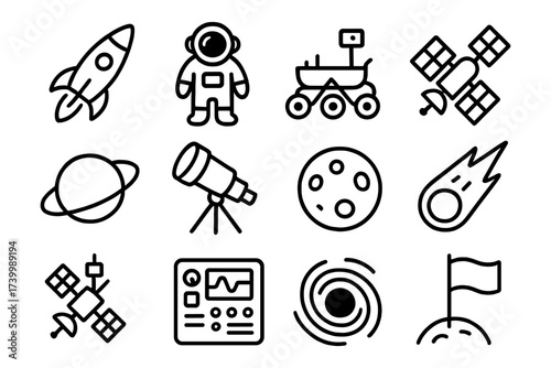 Space exploration icons: rocket, astronaut, telescope, and celestial bodies in linear style