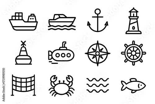 Maritime icon set: nautical transportation and marine symbols