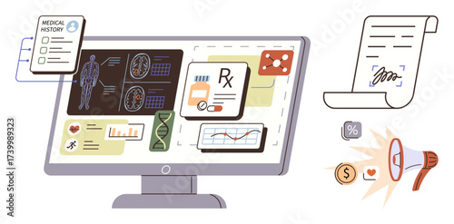 Computer screen with patient records, medical history, health data, graphs, prescriptions, DNA, documents, and payment. Ideal for healthcare analysis technology management diagnostics