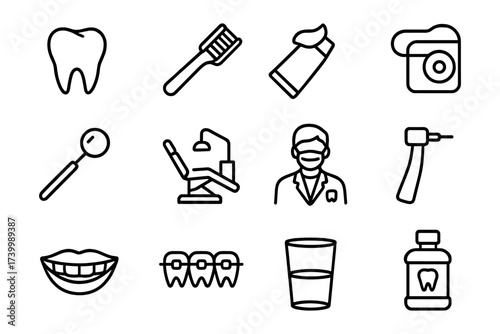 Dental health icons set: line art of tooth care tools and symbols