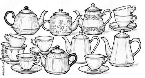 Black and white illustration of vintage teapots and teacups with floral and striped designs for kitchenware, tea, and cozy content