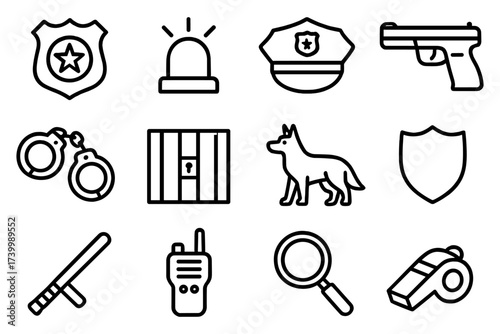 Law enforcement icons set featuring police badge, handcuffs, and patrol gear