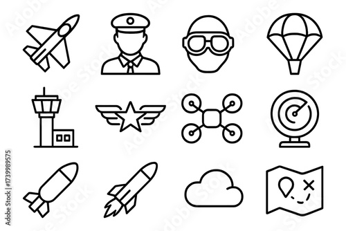 Aviation icons set featuring aircrafts, pilot, parachute, and drone in minimalist outline style