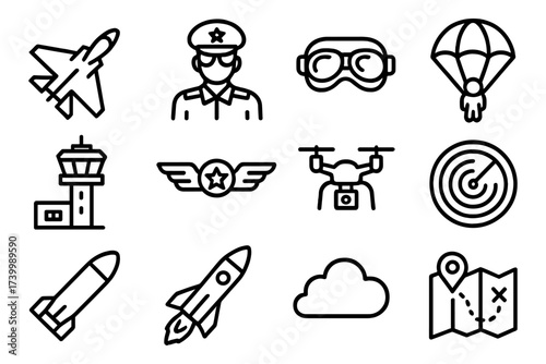 Aviation icon set featuring line art of aircraft, pilot, parachute, drone, and radar