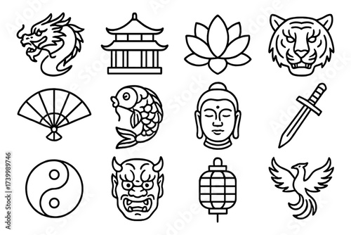 Asian cultural icons: dragon, buddha, and more in bold line art