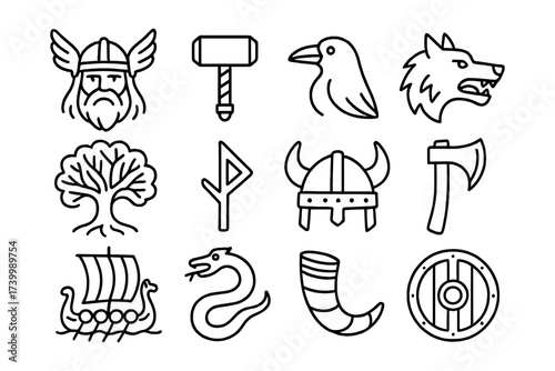 Norse symbols in line art style featuring vikings, mythical creatures, and ancient artifacts