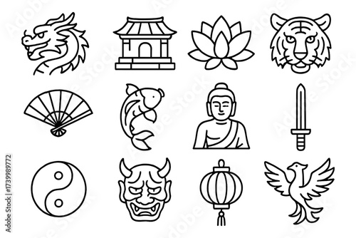 Elegant asian symbols collection featuring dragon, tiger, and yin yang in linear style