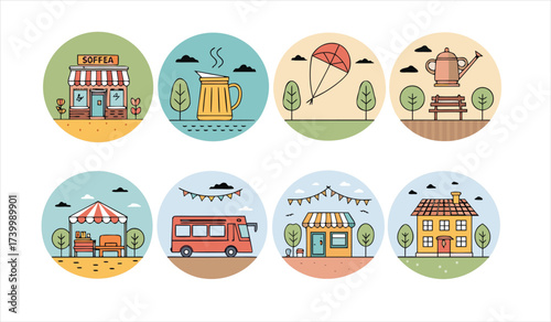 Small Town and Community Life Line Art Vector Icon Set with Local Shops Park and Bus for City Graphics
