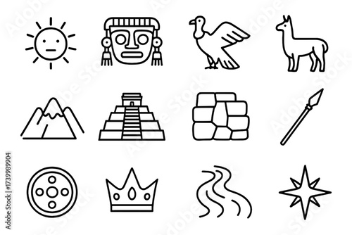 Ancient symbols and icons: sun, aztec mask, bird, llama, mountain, pyramid, stones, spear, wheel, crown, waves, star
