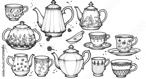 Black and white illustration of ornate teapots, teacups, and spoons with ink splatter accents for vintage design and decoration