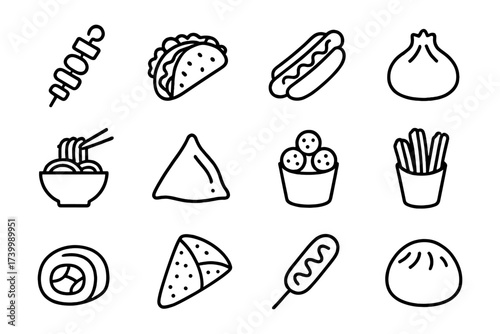 Set of popular street food icons in simple linear style