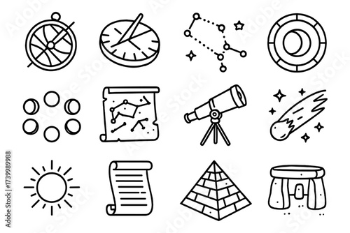 Ancient astronomy tools and celestial bodies in linear style