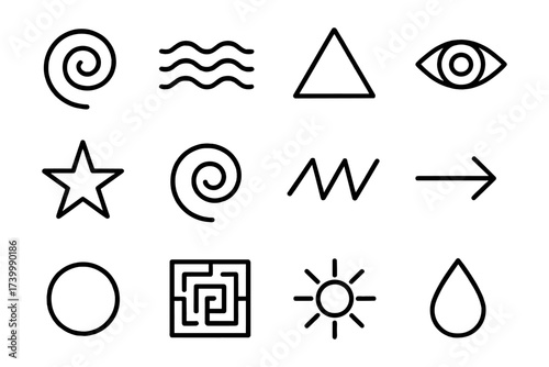 Minimalist linear icon set featuring geometric shapes and symbols