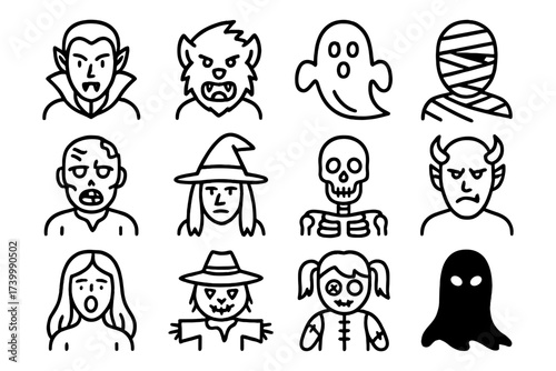 Halloween characters: ghosts, vampires, werewolves, zombies, and more in simple line art