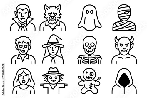 Halloween icons: spooky line art featuring ghosts, vampires, and monsters