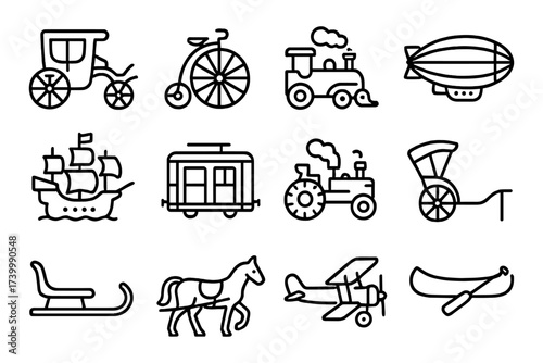 Vintage transportation icons set: train, bicycle, carriage, airship in linear style