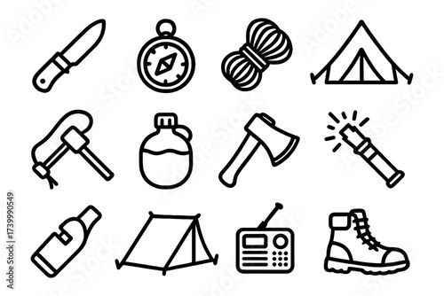 Outdoor camping gear icons: essential tools for adventure enthusiasts