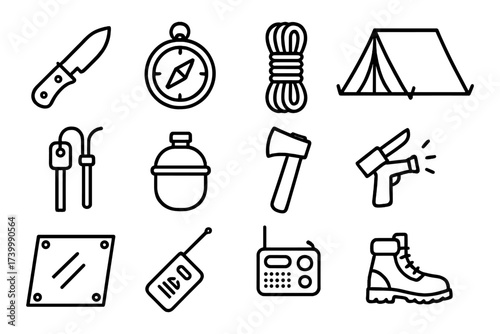 Essential camping gear icons: knife, compass, tent, rope, and more in linear style