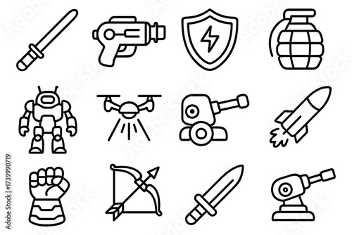 Futuristic weaponry and defense symbols: laser, shield, and robot in bold linear style