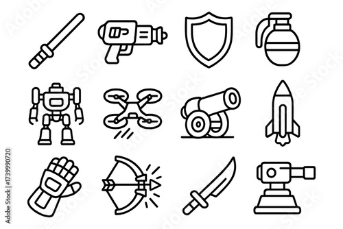 Outline icons of futuristic weapons and gear: laser, blaster, rocket, and more