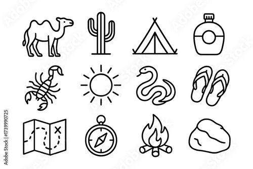 Minimalist camping icons: nature, adventure, and wildlife essentials