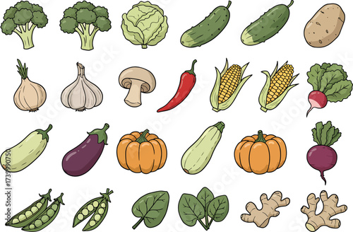 Colorful assorted fresh healthy organic vegetables doodle drawing vector illustration set