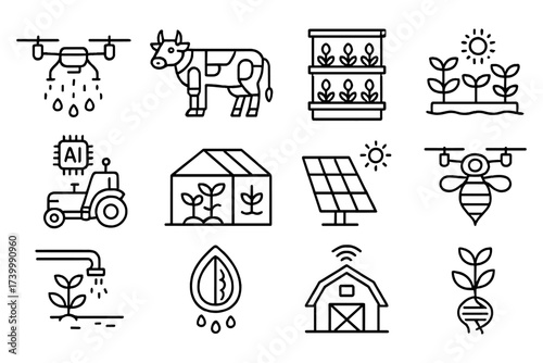 Smart farming icons: drone, ai tractor, solar powered greenhouse, vertical planting, modern agriculture