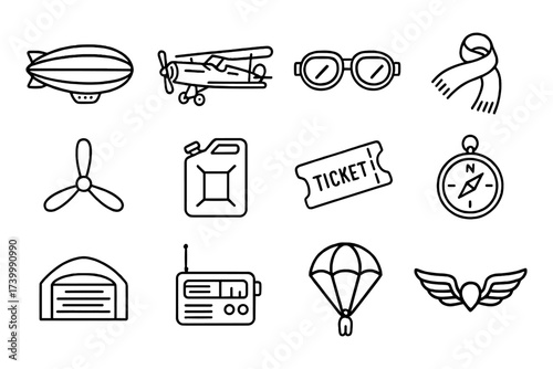Aviation icons: linear style aircraft, compass, parachute, ticket, and more