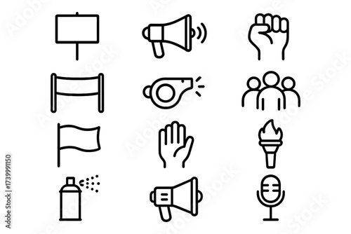 Icon set featuring protest and communication symbols in linear design