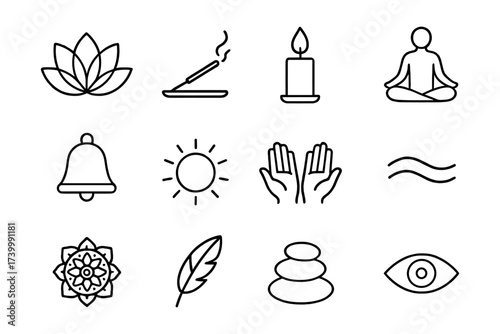 Minimalist line icons for meditation and wellness: candle, yoga, lotus, and more