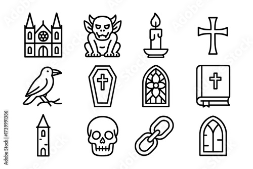 Gothic icon set featuring gargoyle, church, candle, and skull in linear style