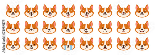 Dogs emotions. Corgi character face. Cartoon dog expressions with happy, angry, sad, smile, cry faces with tongue, nose. Funny puppy emoticons. Cute pet icons. Vector set