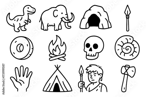 Prehistoric symbols collection featuring dinosaurs, tools, and ancient artifacts in doodle style