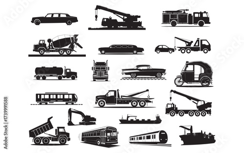 Silhouette Transport Vehicle Icon Set. Cars, Trucks, Buses, Ships and Trains Vector Collection.