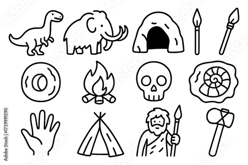 Doodle prehistoric icons: dinosaur, mammoth, cave, tools, fossil, fire