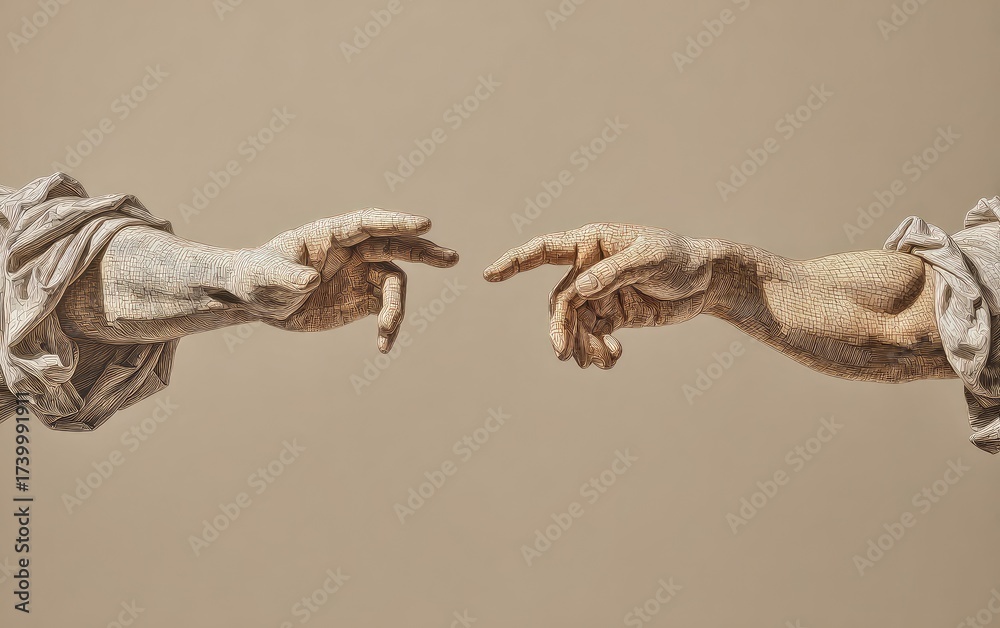 Obraz premium A close-up of two detailed hands, seemingly sculpted from stone, reaching towards each other