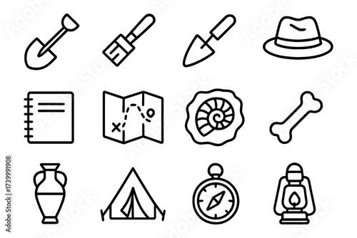 Archaeology adventure icons: tools, artifacts, and exploration symbols